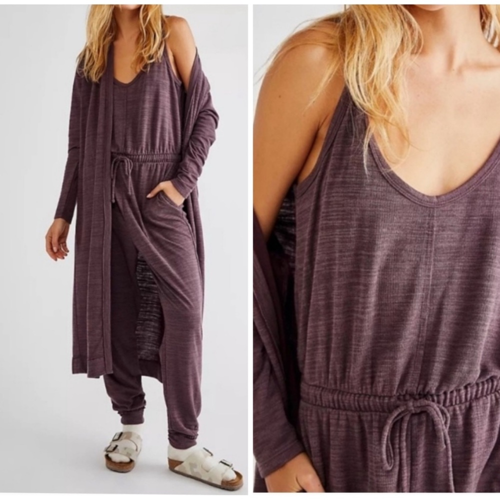 XS Free People Bi-Coastal Purple Lounge Jumpsuit with Cardigan set